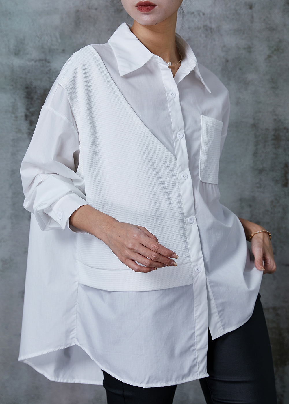 Diy White Asymmetrical Patchwork Cotton Fake Two Piece Shirt Tops Spring