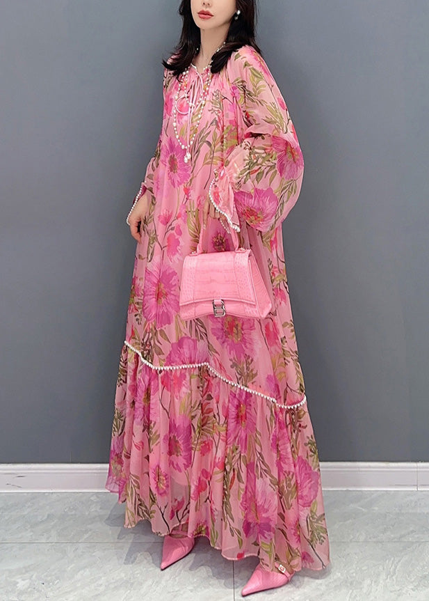 Pink O-neck Print Nail Bead Chiffon Maxi Dresses Long Sleeve