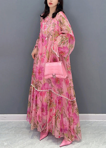 Pink O-neck Print Nail Bead Chiffon Maxi Dresses Long Sleeve