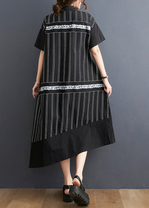 Black Peter Pan Collar Button Asymmetrical Side Open Dress Short Sleeve