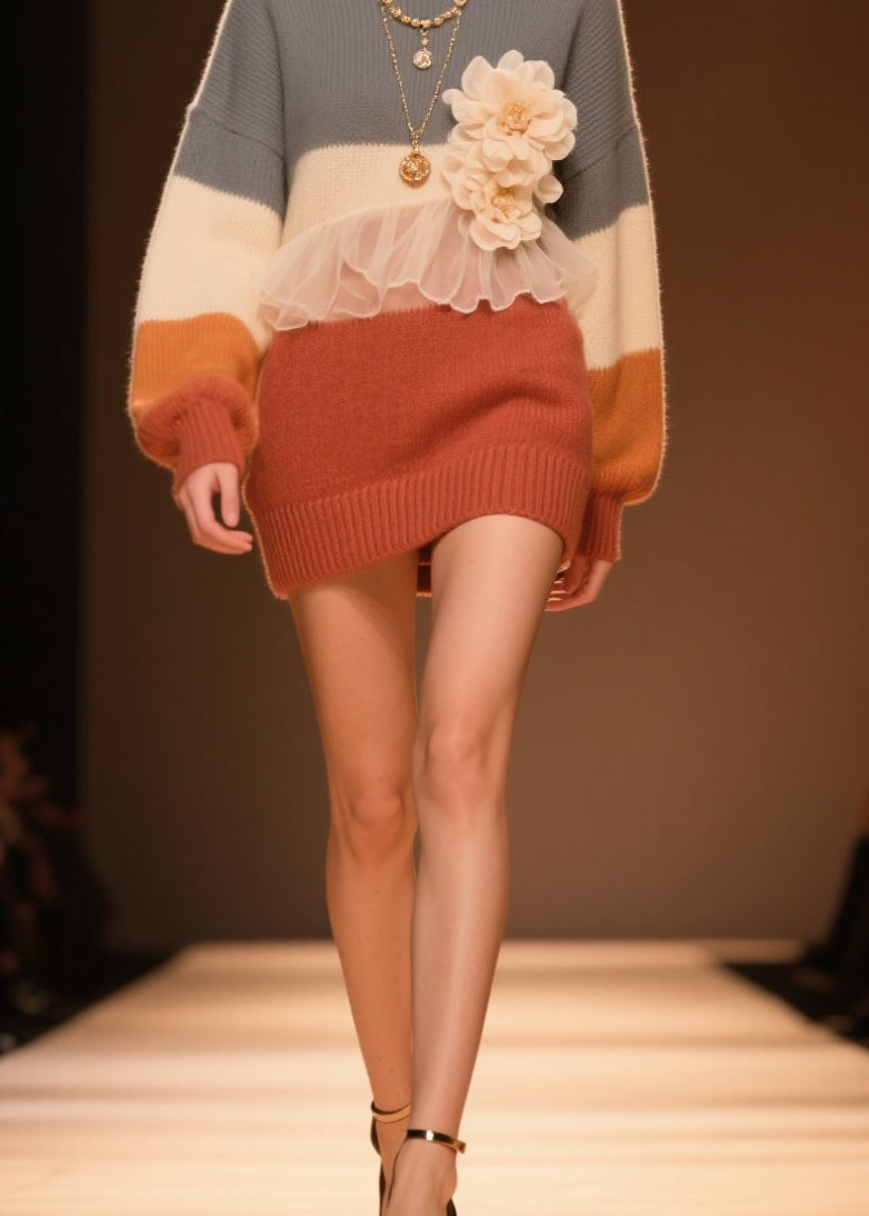 Stylish O Neck Tulle Ruffled Knit Sweaters Fall