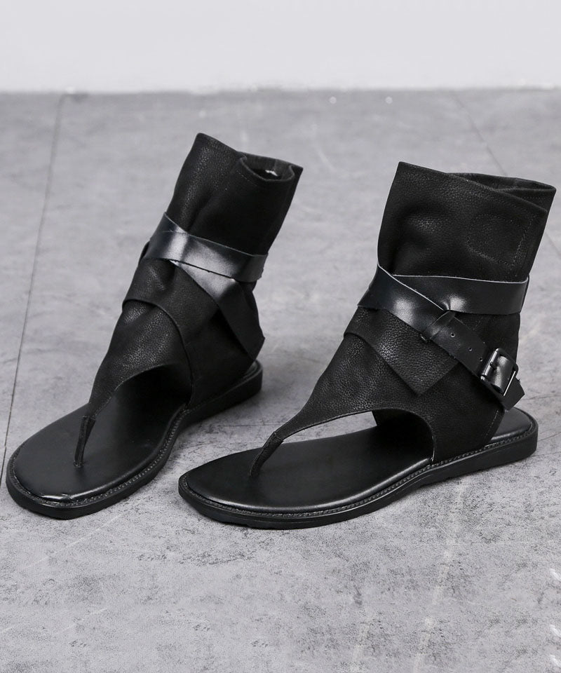 Brown Thong Sandals Boots Cowhide Leather Splicing Buckle Strap
