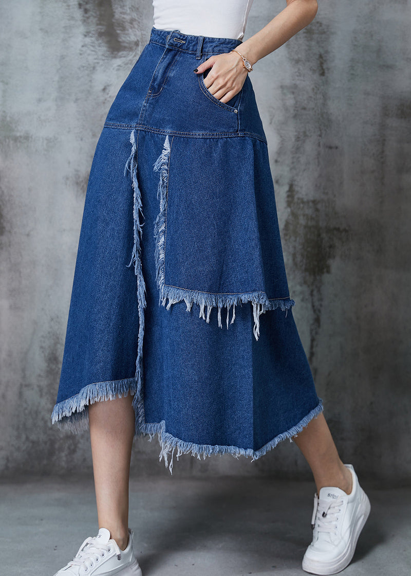 Navy Asymmetrical Patchwork Denim Skirt Summer