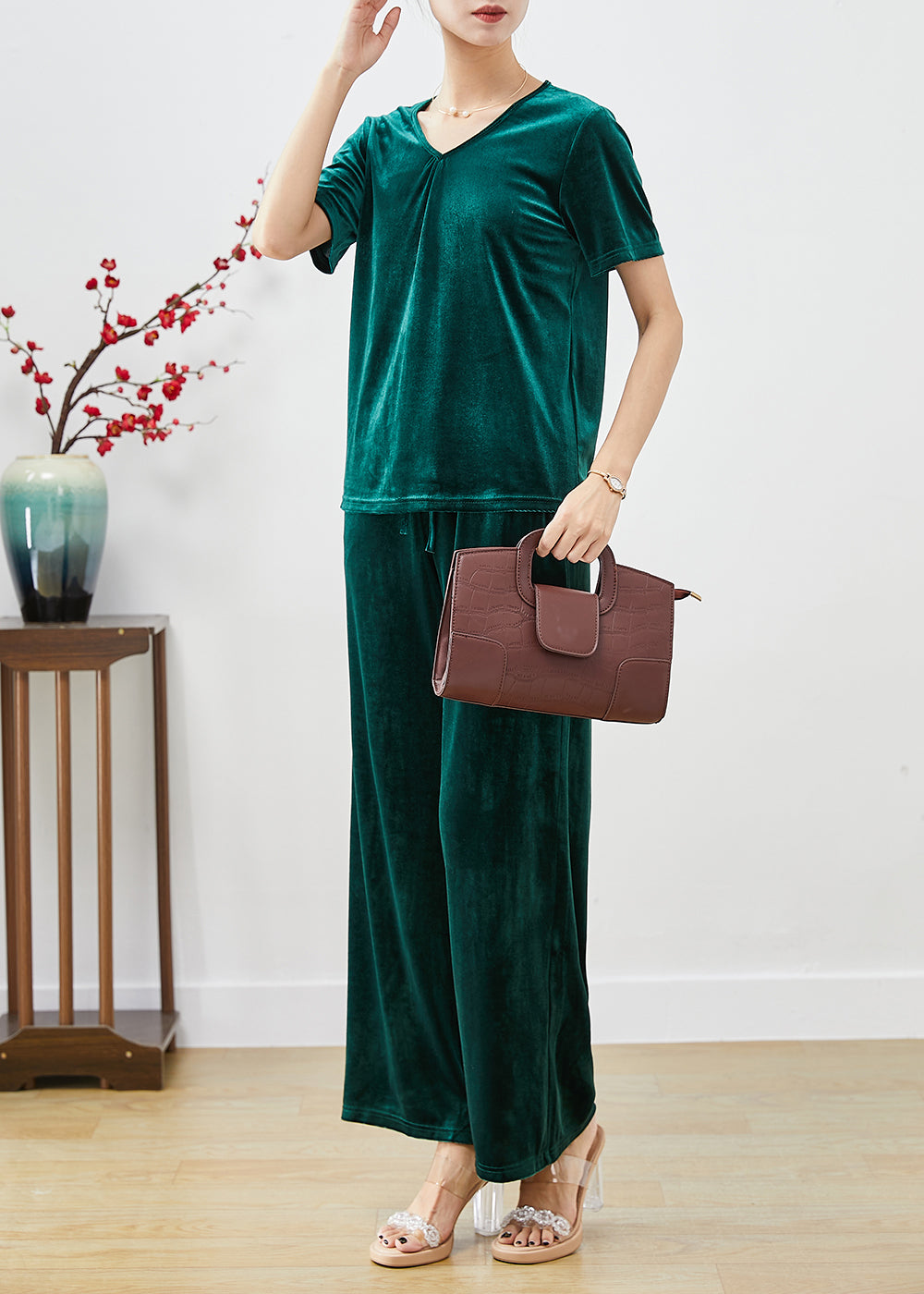 Blackish Green Slim Fit Silk Velour Two Pieces Set Fall