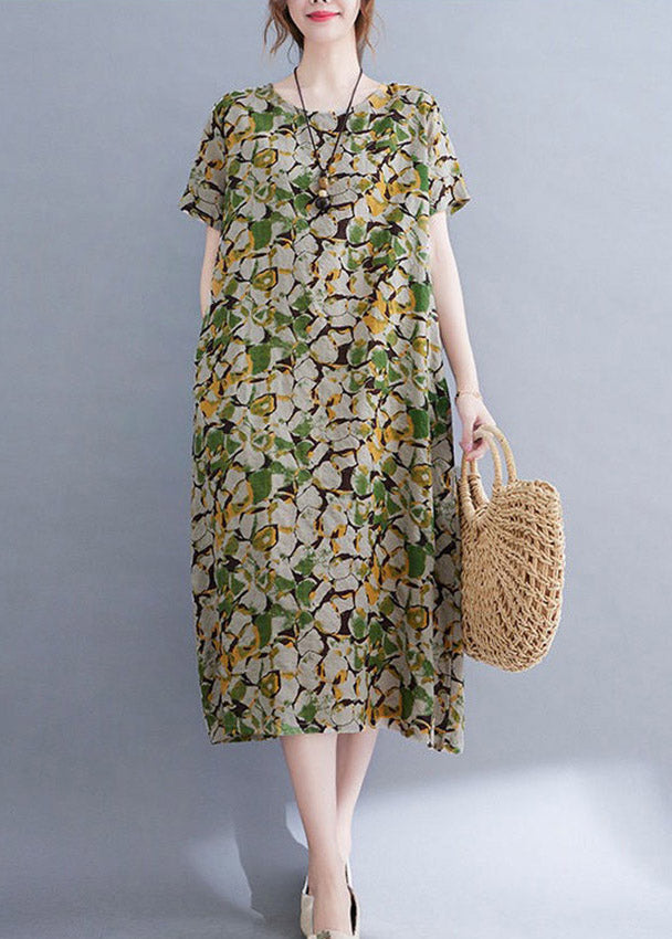 Green O-neck Print Pockets Long Dress Short Sleeve