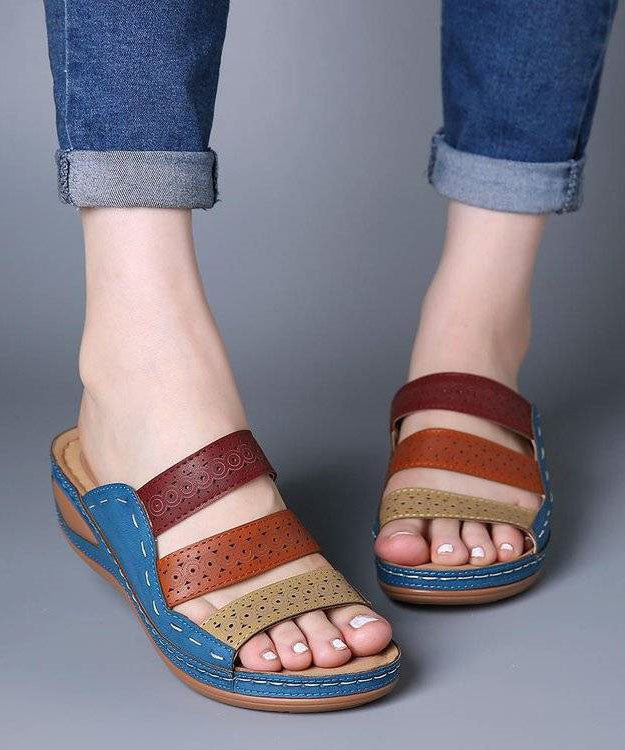 White Slide Sandals Wedge Faux Leather Simple Splicing