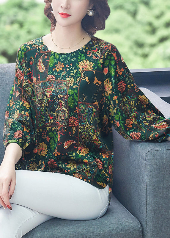 French Green O-neck Oversized Print Silk Top Bracelet Sleeve