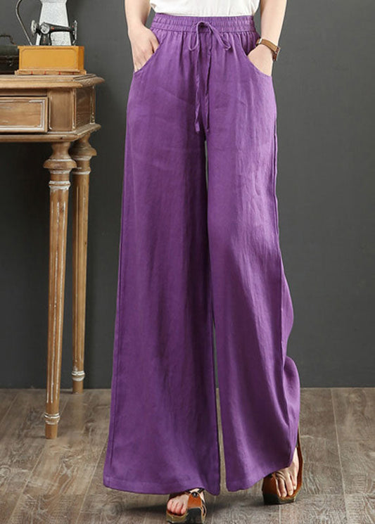 Purple Pockets Elastic Waist Cotton Wide Leg Pants Summer