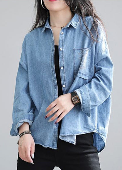 Navy Embroidered Denim Shirt Spring