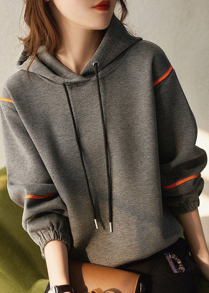Grey Hooded Lace Up Patchwork Cotton Sweatshirts Long Sleeve