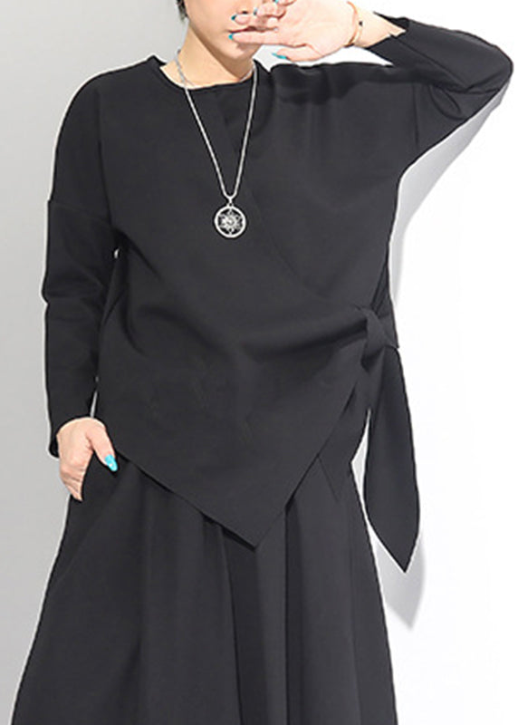 Black O-neck Asymmetrical Tie Waist Bow Top Long Sleeve