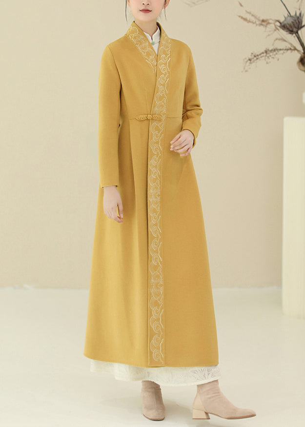 Green Embroideried Chinese Button Woolen Trench Coats Winter