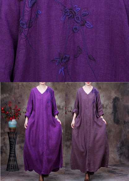 Dark Purple V Neck Printing Linen Dress Long Sleeve