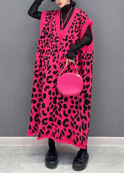 Rose Leopard V Neck Cotton Knit Waistcoat Long Dresses Sleeveless