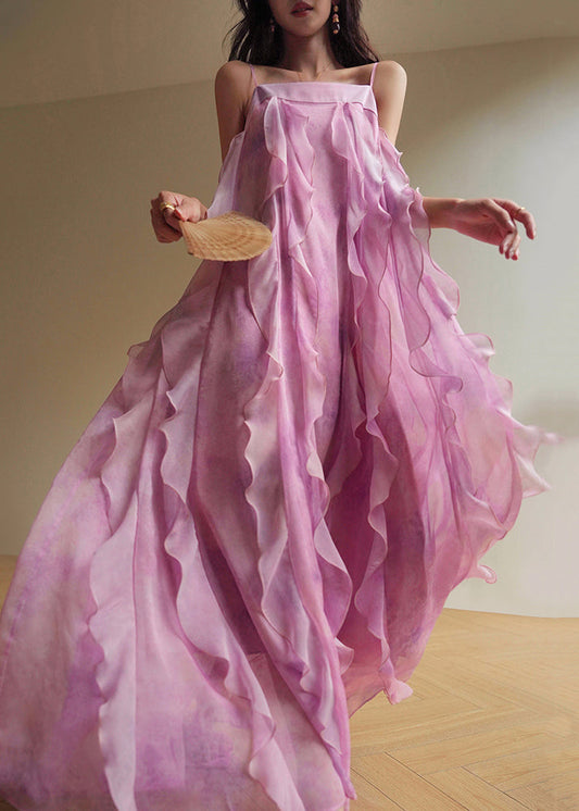 Pink Ruffled Chiffon Spaghetti Strap Dress Sleeveless