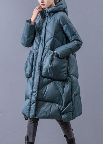 Blue-green Hooded Zippered Oversized Thick Cotton Blend Puffers Jackets Winter
