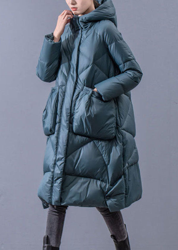 Blue-green Hooded Zippered Oversized Thick Cotton Blend Puffers Jackets Winter