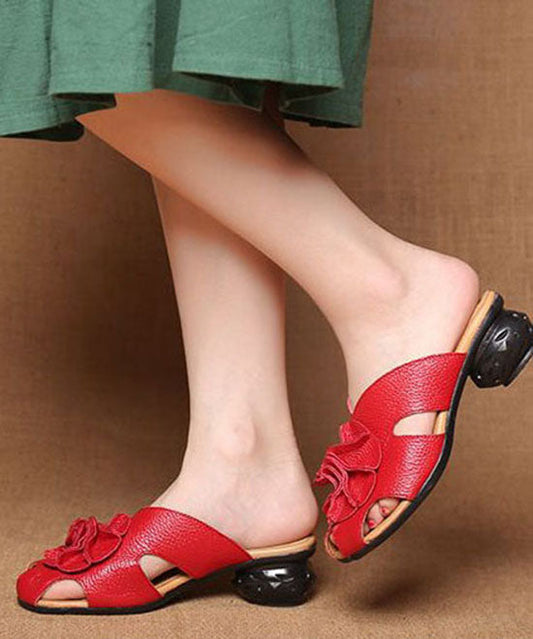 Red Cowhide Leather Splicing Chunky Slide Sandals