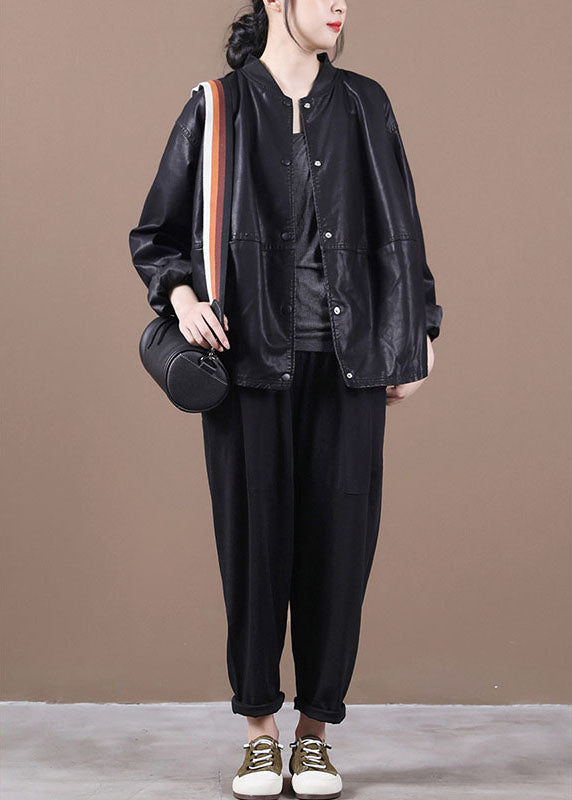 Black Pu Loose Button Fall Coats Long Sleeve