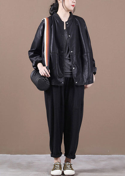 Black Pu Loose Button Fall Coats Long Sleeve