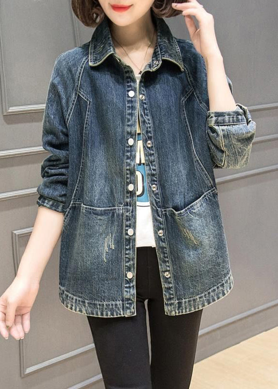 Blue Peter Pan Collar Pockets Patchwork Denim Coats Fall