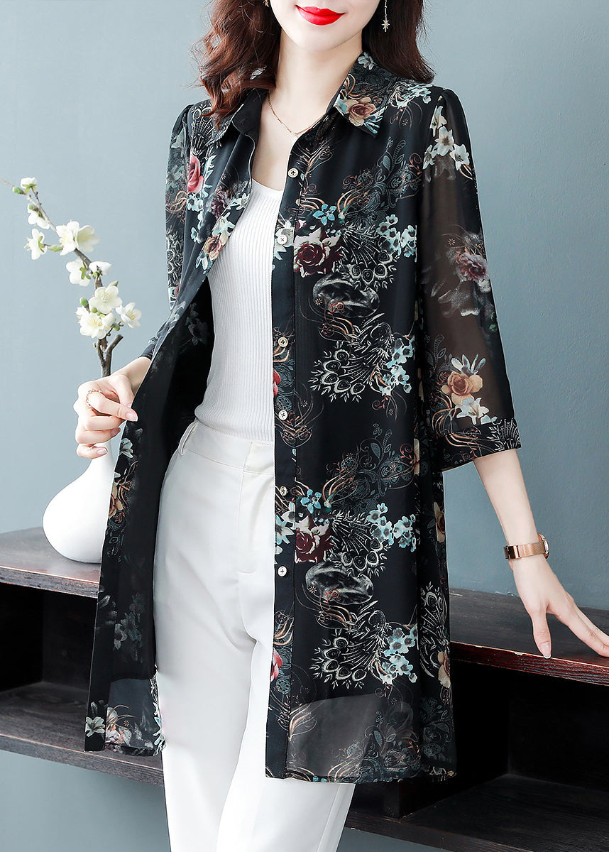 Black Button Peter Pan Collar Print Long Chiffon Blouses Three Quarter Sleeve