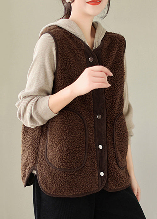 Brown Button Pockets Teddy Faux Fur Waistcoat Sleeveless
