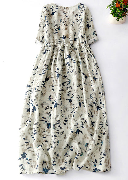 Light Grey Print Lace Up Cotton Dresses Summer
