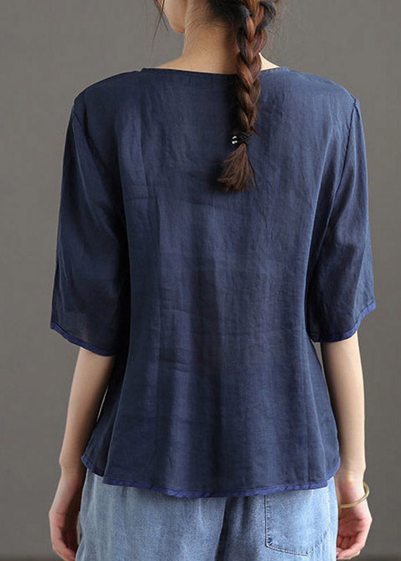 Navy V Neck Asymmetrical Design Linen Top Short Sleeve