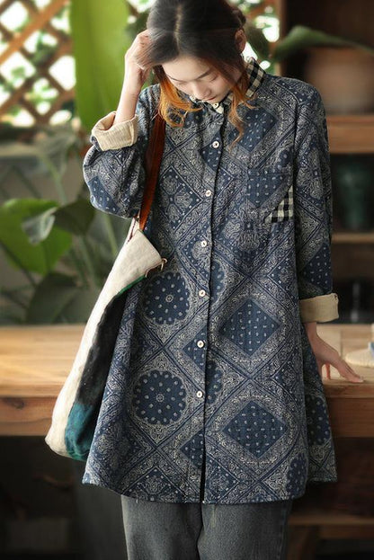 Classy Green Plaid Shirts Lapel Pockets Baggy Spring Tops
