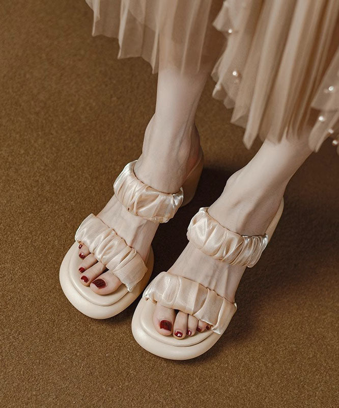 Apricot Peep Toe Tulle Splicing Chunky Slide Sandals