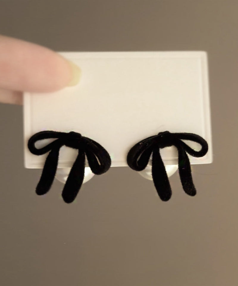 Pink Silk Velour Alloy Pearl Bow Stud Earrings
