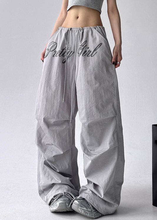 Grey Pockets Cotton Wide Leg Pants Drawstring