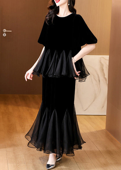 Black Pearl Tulle Patchwork Silk Velvet Two Pieces Set Summer