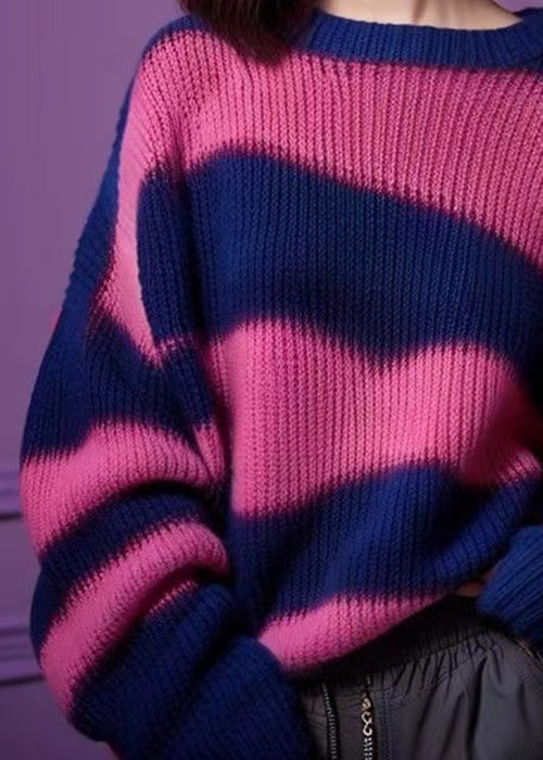 Purple O Neck Thick Patchwork Knit Sweater Winter