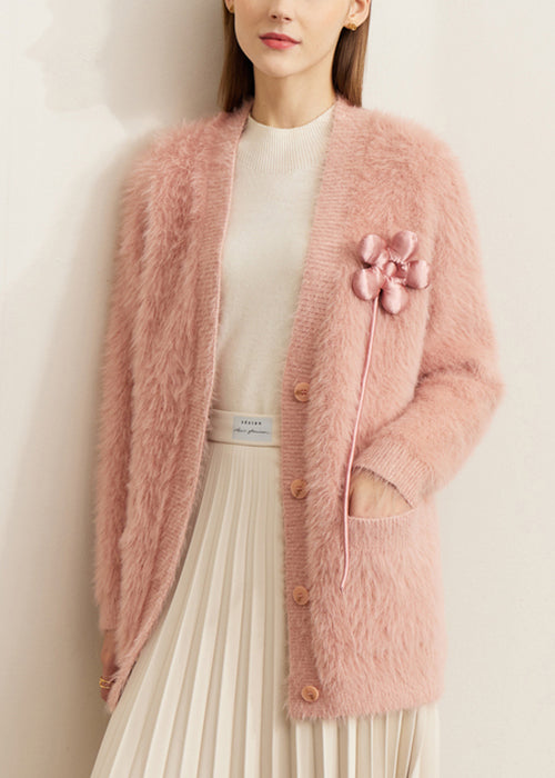 Pink Pockets Mink Velvet Cardigan V Neck Winter