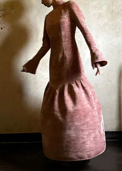 French Wrinkled Patchwork Cotton Long Dress Flare Sleeve Fall