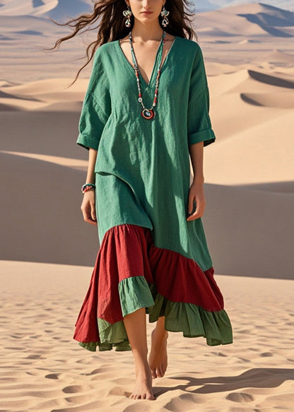 Green Oversized Patchwork Cotton Long Dress Summer