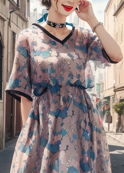 Blue V Neck Print Pockets Silk Dress Short Sleeve