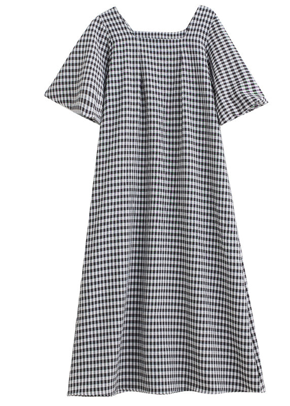 Black Square Collar Plaid Linen a Line Dress Puff Sleeve
