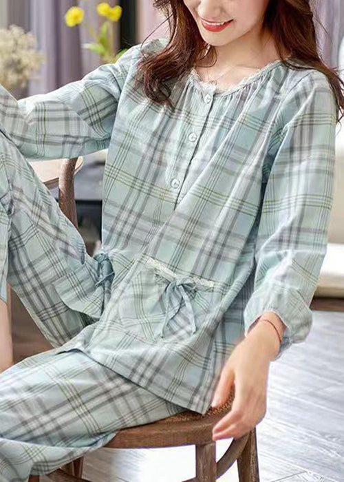 Peter Pan Collar Plaid Bow Cotton Pajamas Two Pieces Set Fall