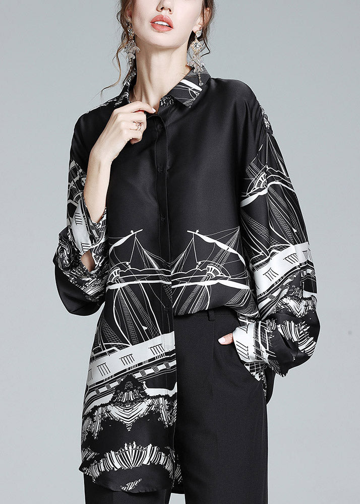 Black Peter Pan Collar Print Button Silk Shirt Long Sleeve
