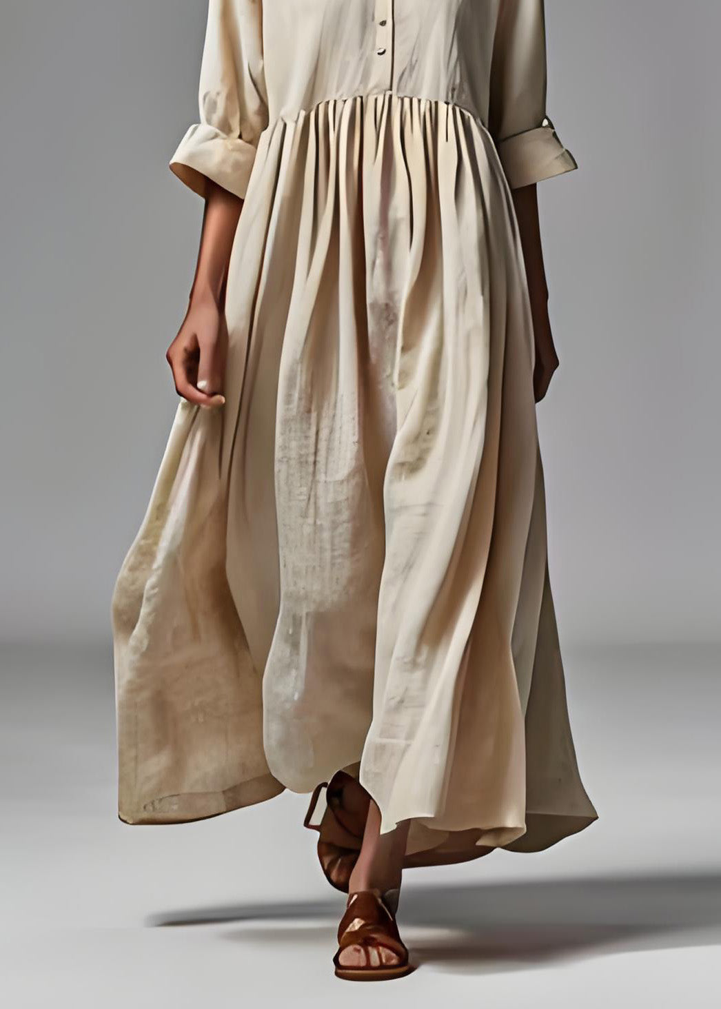 Beige V Neck Wrinkled Patchwork Cotton Dresses Summer