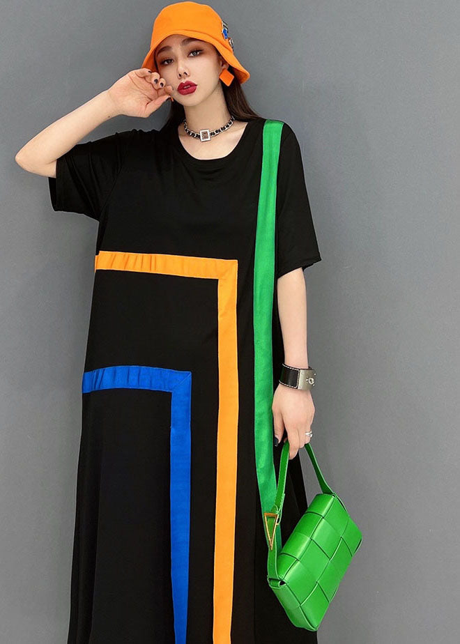 Stylish Black O-neck Rainbow Applique Cotton Lengthen Dress Short Sleeve