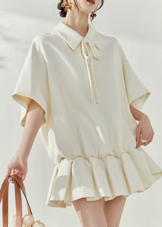 White Peter Pan Collar Tie Lace Mid Dresses Short Sleeve