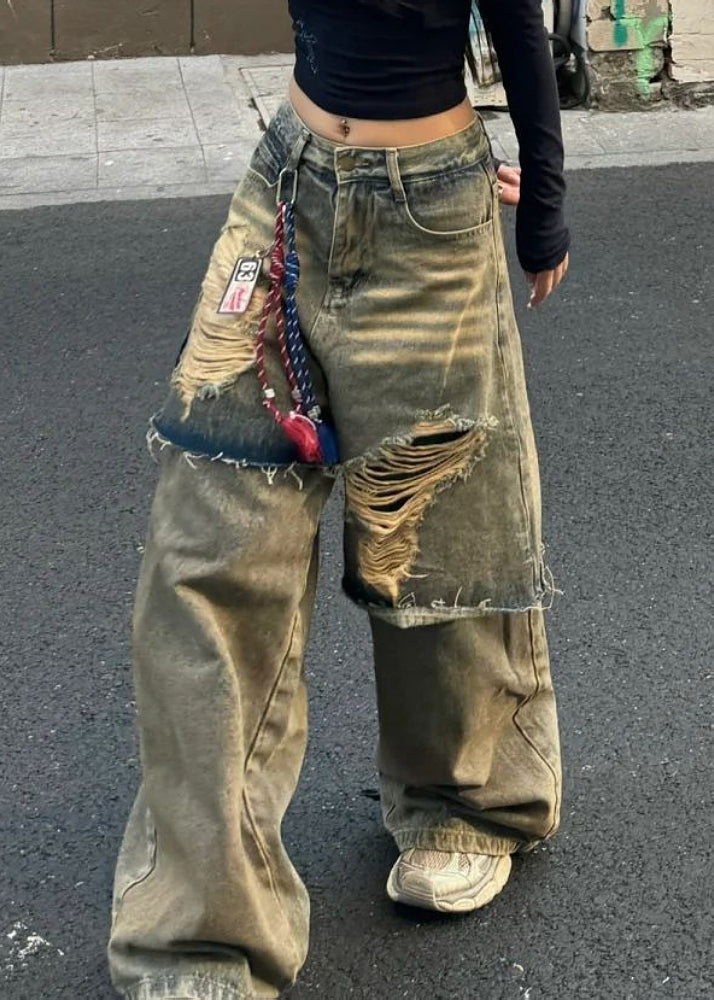 Blue High Waist Fake Two Pieces Hole Denim Pants Fall