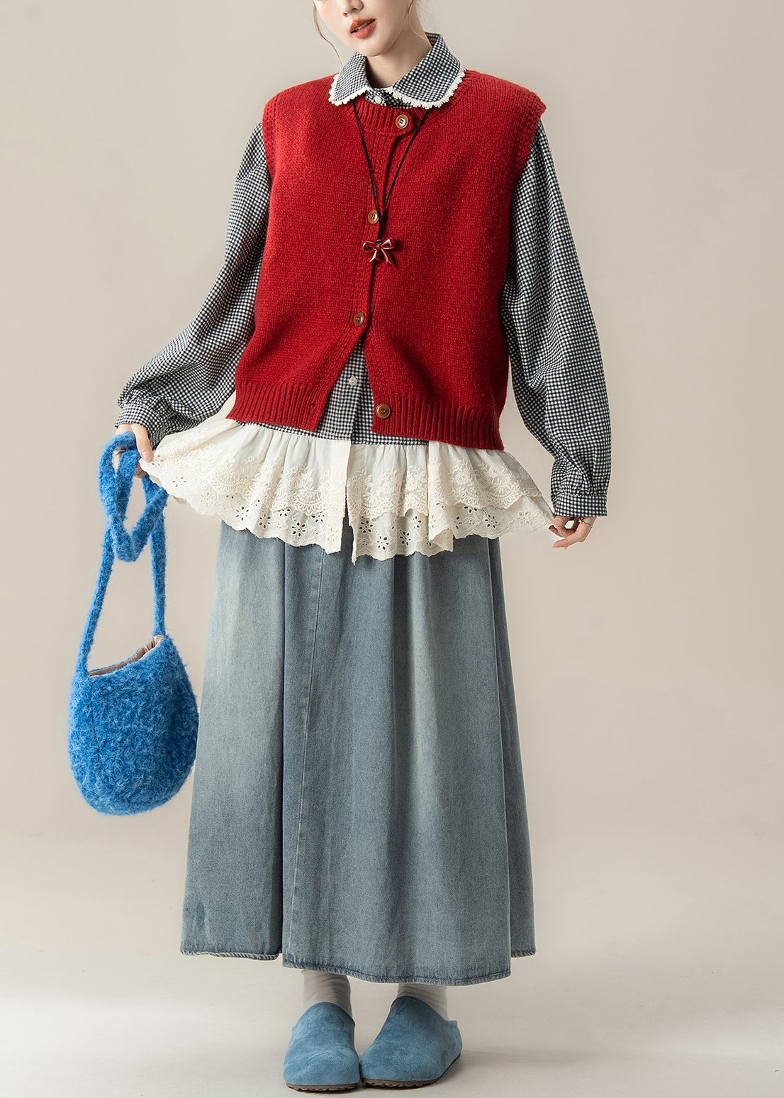 New Red Button Knit Vest and Blue Denim Skirts Patchwork Plaid Shirts Three Piece Set Fall