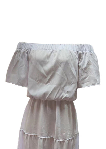 Loose White Elastic Waist Cotton Maxi Dresses Slash Neck Summer