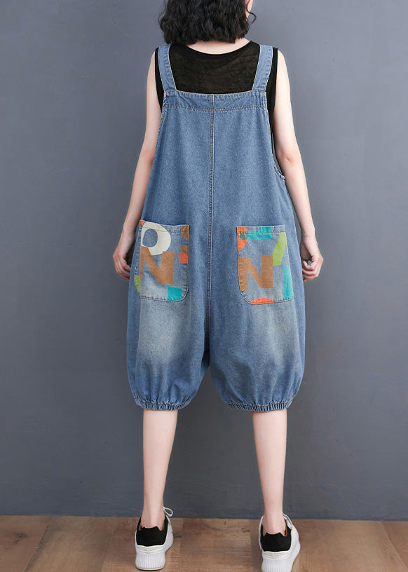 Light Blue Slash Neck Print Button Denim Jumpsuit Summer