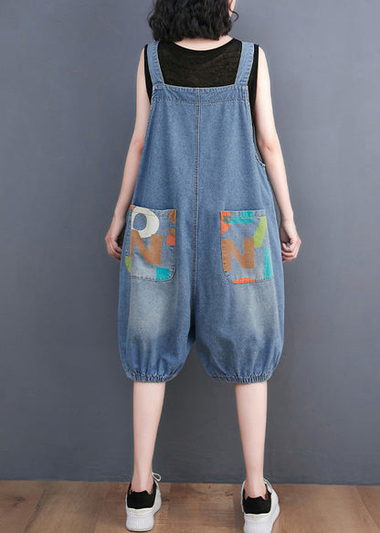 Light Blue Slash Neck Print Button Denim Jumpsuit Summer